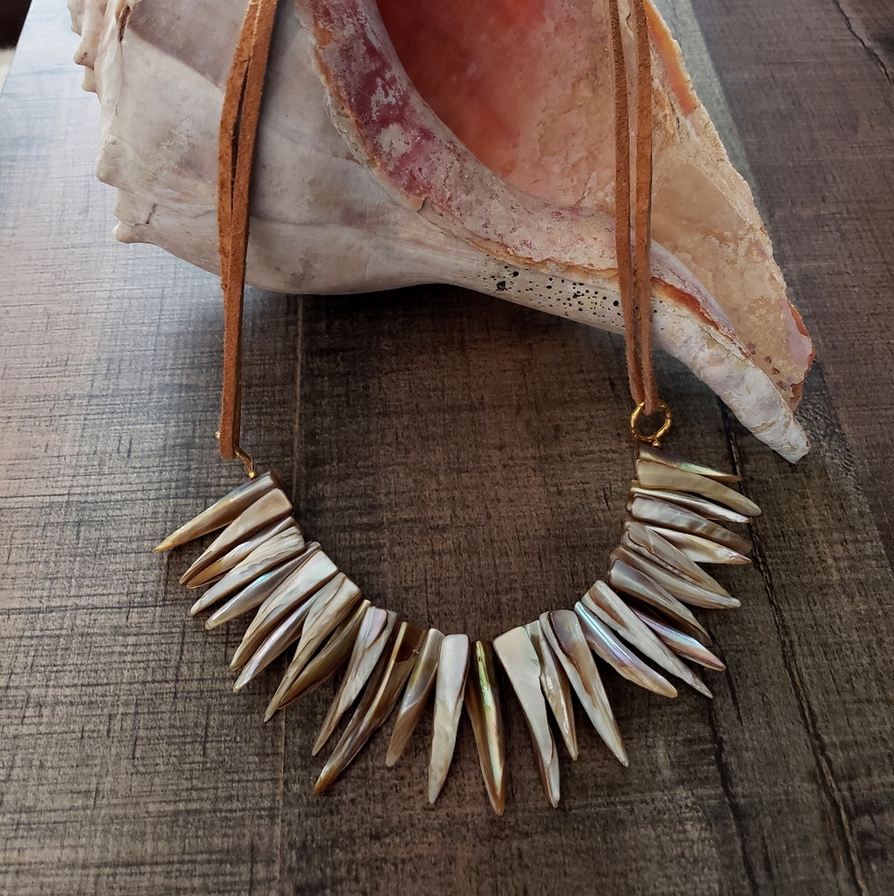 Ooak Artisan Mother of Pearl and Leather Necklace
